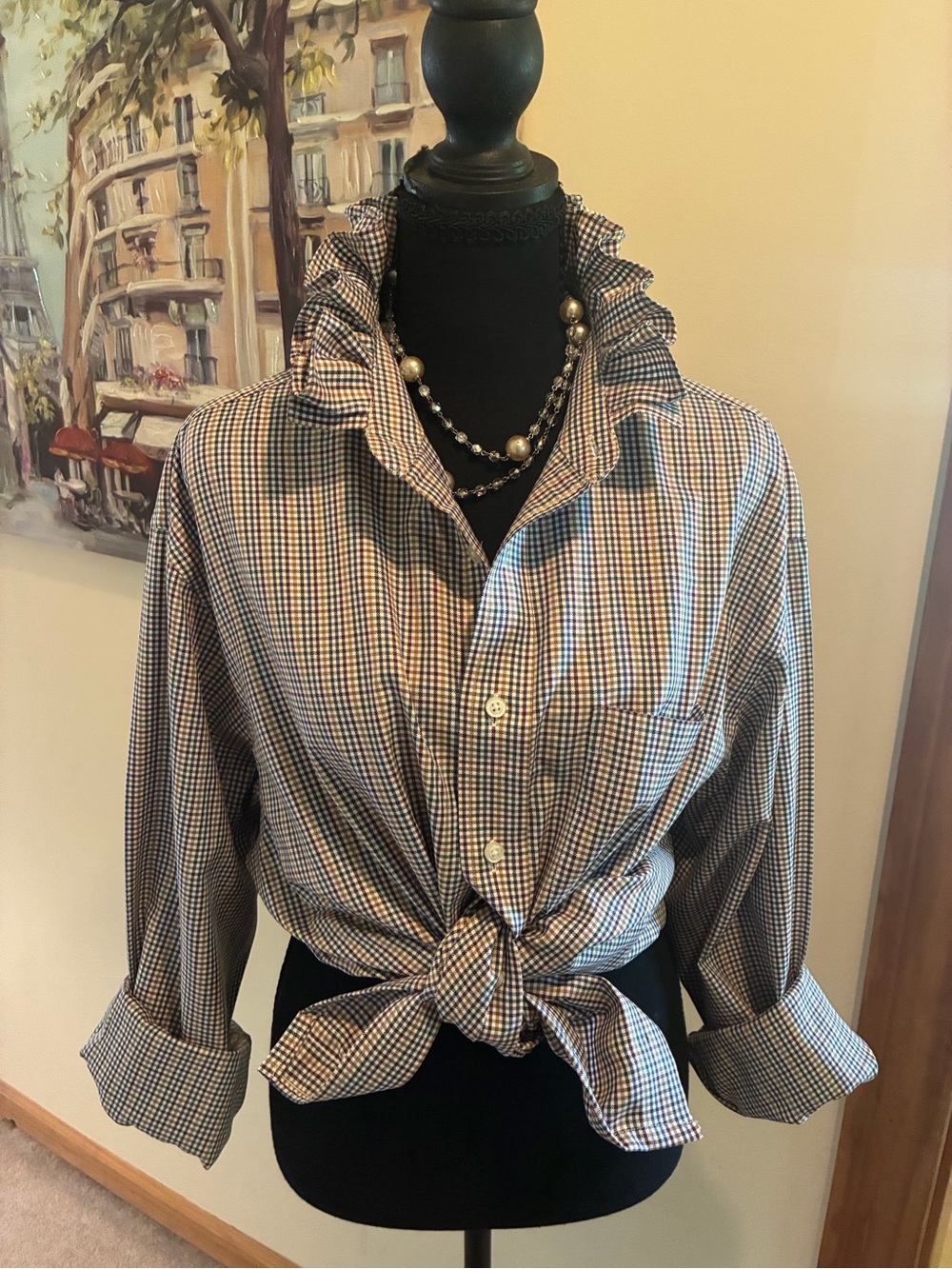 Jos. A. Bank Blue and Brown Checked Tie-Front Button Down Shirt